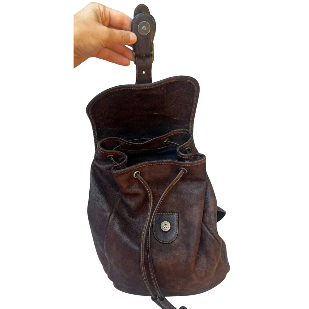 Vtg HOBO International Brown Leather Backpack Distressed Slouch Drawstring Bag